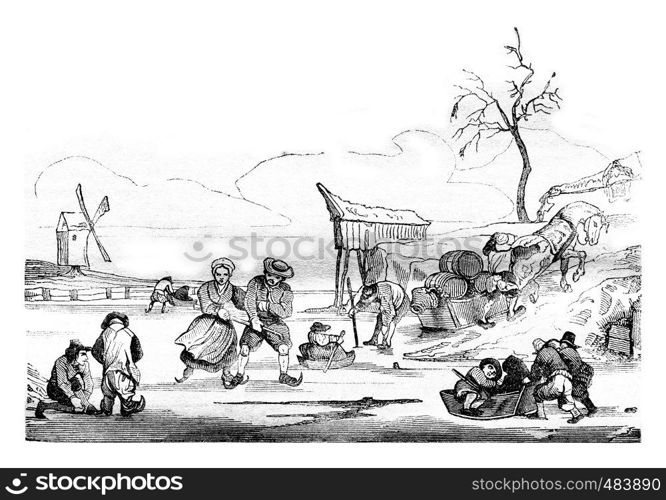 Dutch skaters of after Isaac Ostade, Museum of the Louvre, vintage engraved illustration. Magasin Pittoresque 1836.