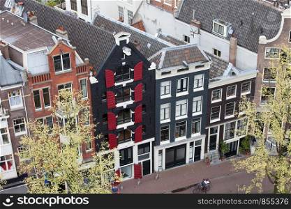Dutch style row houses in Amsterdam, Holland, Netherlands, view from above.