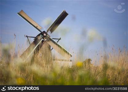Dutch windmill in Kinderdijk. Old windmill in holland