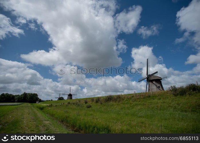 Dutch windmill with a cloudy sky in the summer