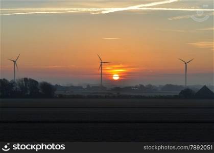 Dutch windmills at winter sunrise