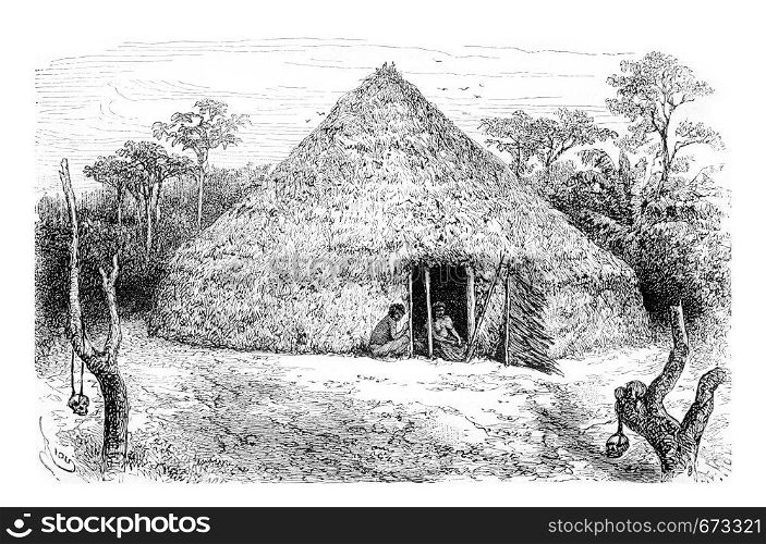 Dwellings of the Orejone Indians in Amazonas, Brazil, drawing by Riou from a photograph, vintage engraved illustration. Le Tour du Monde, Travel Journal, 1881