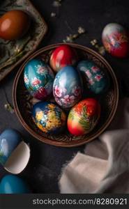 Dyed eggs. Easter day holiday. Generative AI. High quality illustration. Dyed eggs. Easter day holiday. Generative AI