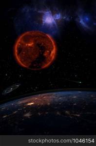 Dying Sun over the dark planet Earth. A galaxy is spinning in the distance and a comet is running in the space. Elements of this image furnished by NASA