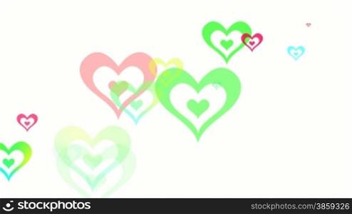 Dynamic graphic animation of random colored hearts on a white background. High definition 1080p and loop-ready.