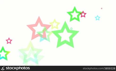 Dynamic graphic animation of random colored stars on a white background. High definition 1080p and loop-ready.