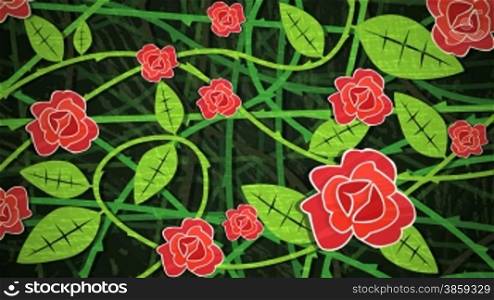 Dynamic graphic animation using paper cutout styled elements to illustrate a bush of red roses. High definition 1080p and loop-ready. This is one of a suite of simple paper cutout style animated illustrations which have similar dynamics. Please check my p