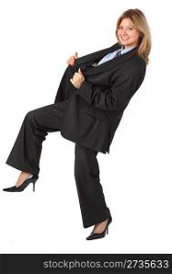 Dynamic young smiling businesswoman in big suit