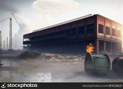 Dystopian factory site with empty production hall with a burning fire and mixed garbage in the storage yard in front of the abandoned factory, made with generative ai