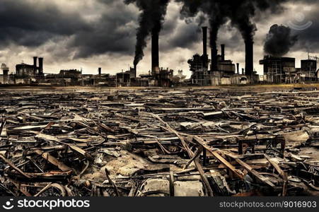 Dystopian industrial landscape with destroyed metal struts in foreground and chimneys, whose black smoke pollutes the environment, on dark horizon, made with generative AI