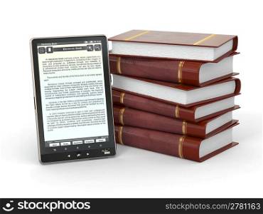 E-book reader and stack of books on white background. 3d