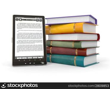 E-book reader. Books and tablet pc. 3d