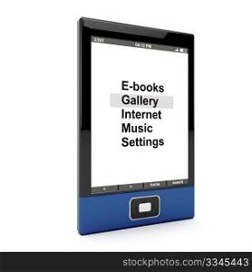 E-book reader on white background. 3d generated image.