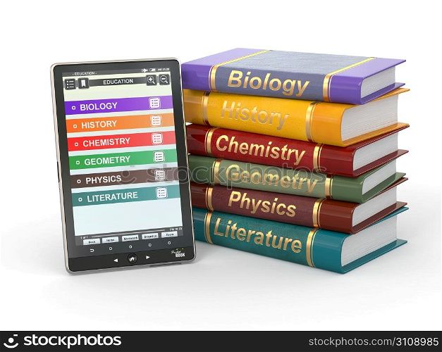 E-book reader. Textbooks and tablet pc. 3d