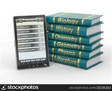 E-book reader. Textbooks and tablet pc. 3d