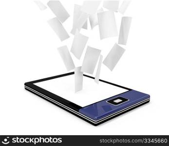 E-book reader with many documents (papers) on white background