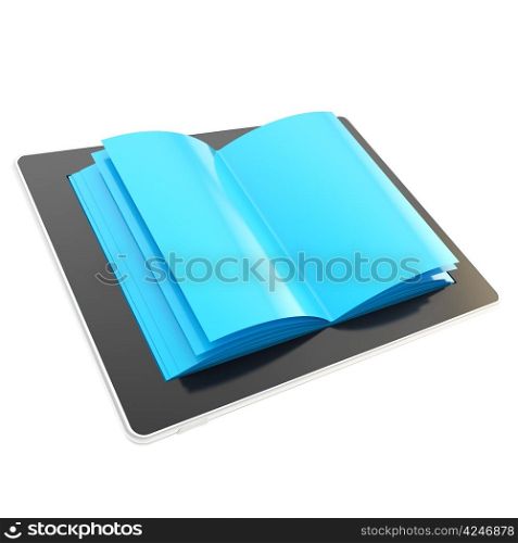 E-book reading format emblem as stylish glossy tablet pad electronic device with the real horizontal oriented book blue paper pages instead of screen isolated on white background