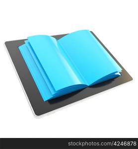 E-book reading format emblem as stylish glossy tablet pad electronic device with the real horizontal oriented book blue paper pages instead of screen isolated on white background