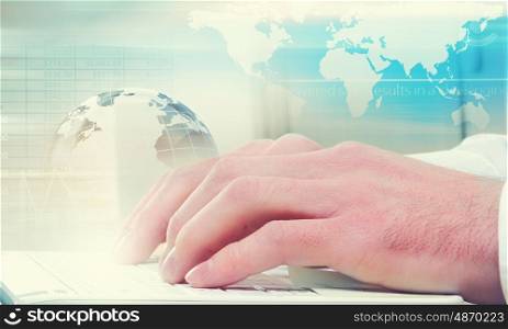 E-business concept. Hands of businessman running with fingers on laptop keyboard