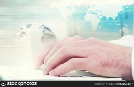 E-business concept. Hands of businessman running with fingers on laptop keyboard