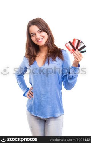 E-commerce concept - Happy woman holding credit cards