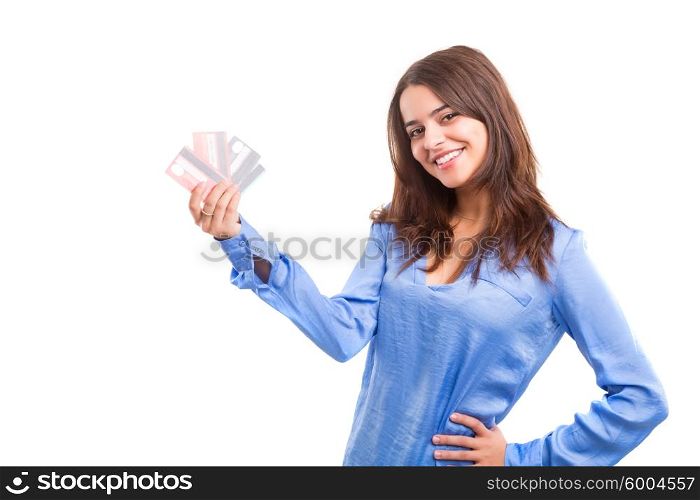 E-commerce concept - Happy woman holding credit cards