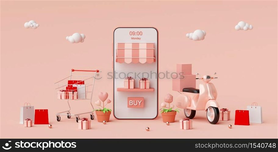 E-commerce concept, Shopping online and delivery service on mobile application, Transportation or food delivery by scooter, 3d rendering