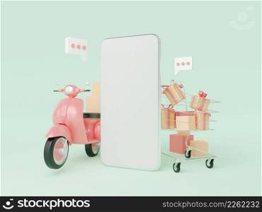E-commerce concept, Shopping online and delivery service on mobile application, Transportation or food delivery by scooter, 3d rendering