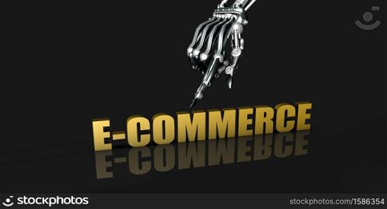 E-commerce Industry with Robotic Hand Pointing on Black Background. E-commerce Industry