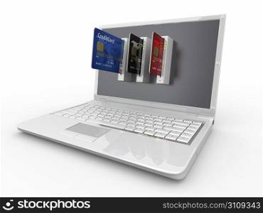 E-commerce. Laptop and credit card on white isolated background. 3d