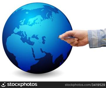 E-Commerce: Mans Hand With Credit Card and Globe with Map of World
