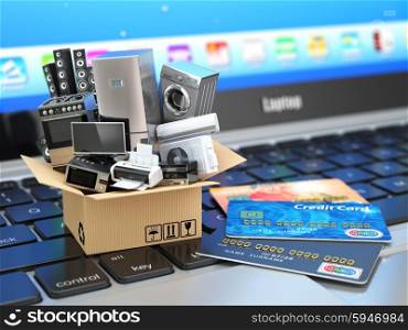 E-commerce or online shopping or delivery concept. Home appliance in box with credit cards on the laptop keyboard. 3d