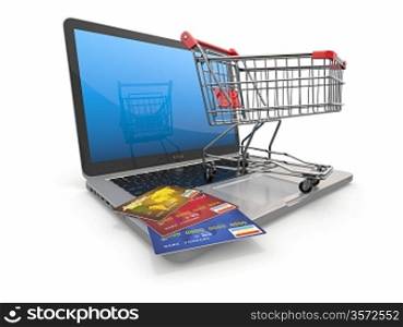 E-commerce. Shopping cart and credit cards on laptop. 3d