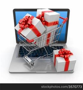 E-commerce. Shopping cart and gifts on laptop. 3d