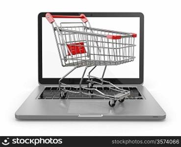 E-commerce. Shopping cart on laptop. Conceptual image.