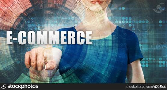 E-commerce Technology With Woman Pressing on Screen. Woman Accessing E-commerce