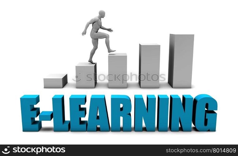 E-learning 3D Concept in Blue with Bar Chart Graph. E-learning