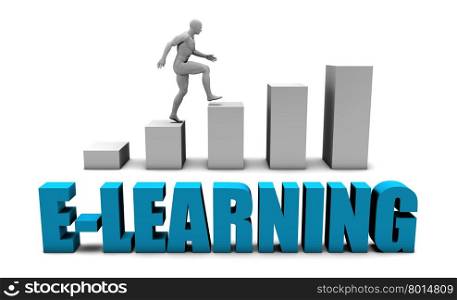 E-learning 3D Concept in Blue with Bar Chart Graph. E-learning