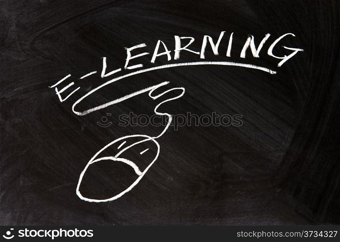 E-Learning and a mouse sign drawn on chalkboard