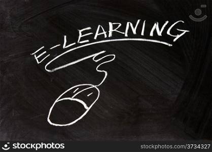 E-Learning and a mouse sign drawn on chalkboard