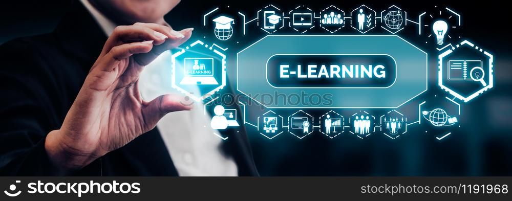 E-learning and Online Education for Student and University Concept. Graphic interface showing technology of digital training course for people to do remote learning from anywhere.