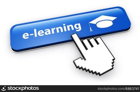 E-learning and online education web button 3D illustration on white background.