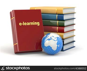 E-learning. Books and earth on white background. 3d