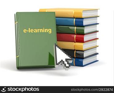 E-learning. Books and mouse cursor on white background. 3d