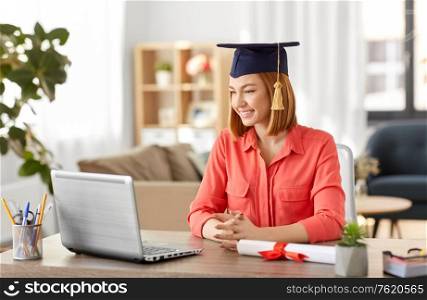 e-learning, education and people concept - happy smiling female graduate student in mortarboard with laptop computer and diploma at home. student woman with laptop and diploma at home