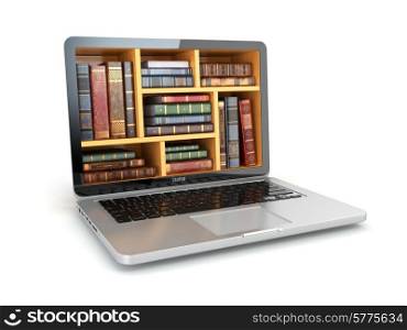 E-learning education internet library or book store. Laptop and vintage books isolated on white. 3d