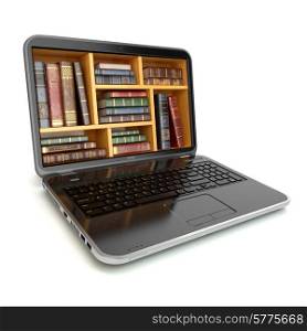E-learning education internet library or book store. Laptop and vintage books isolated on white. 3d