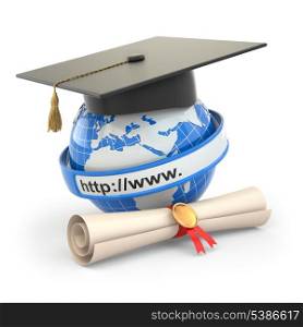 E-learning. Globe, diploma and mortar board. 3d