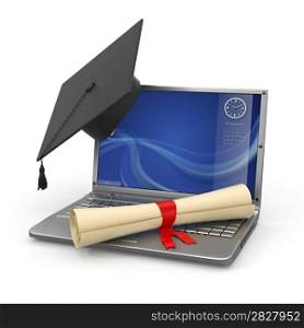 E-learning graduation. Laptop, diploma and mortar board. 3d