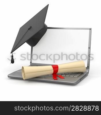 E-learning graduation. Laptop, diploma and mortar board. 3d